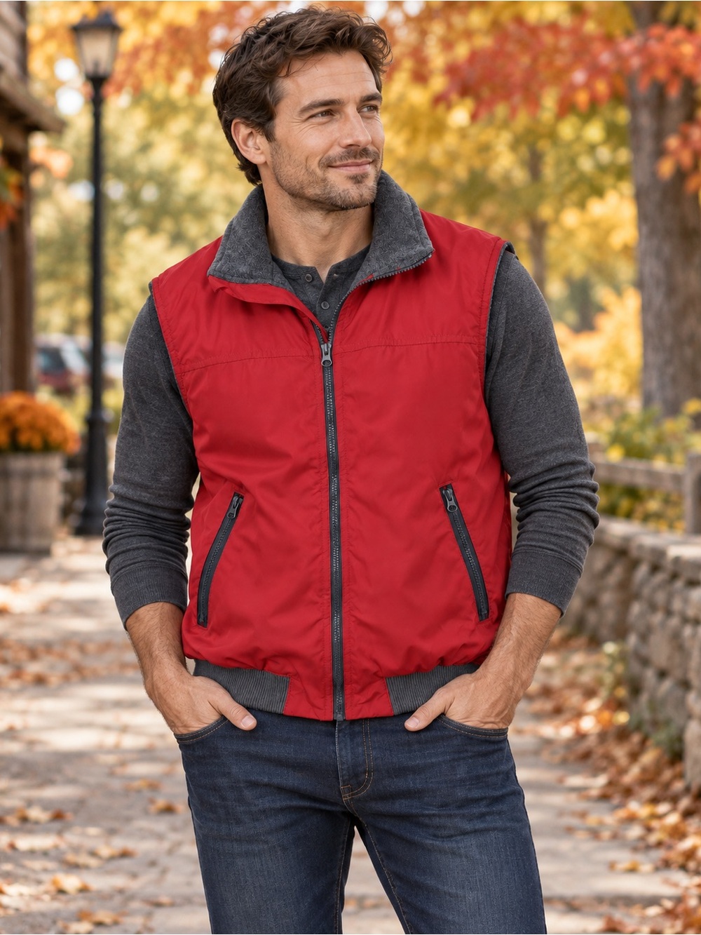 Chaps Men’s Red Gray Warm Fleece Lined Full Zip Vest Large outdoors